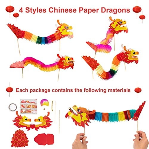 Biubee 8 Pcs Chinese New Year Paper Dragon Decoration- 4 Styles Chinese Paper Dragon Hanging Garland Crafts Handheld Chinese Paper Dragon Toys for Kids Toddlers, Style 1