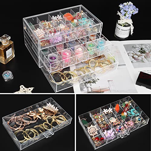 DesignSter Acrylic Jewelry Organizer 3 Drawers Clear Acrylic Jewelry Box for Women Earring Storage Box Transparent Jewelry Display Stand for Crafts Nail-art Trinkets-3 layer