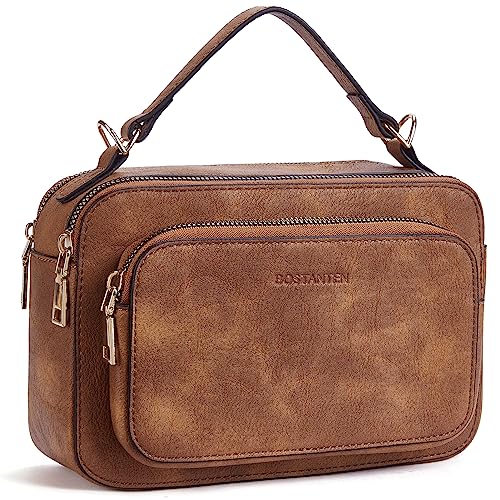 BOSTANTEN Crossbody Bags for Women Trendy Vegan Leather Purses Top Handle Shoulder Handbags with Wide Strap Beige with Brown