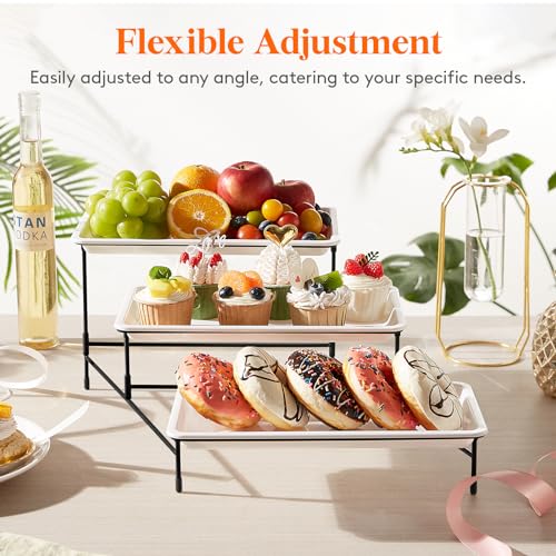 Lifewit 3 Tier Plastic Serving Tray for Party Supplies, 12" x 6.5" Platters for Serving Food, White Reusable Trays with Black Metal Display Stand for Veggie, Fruit, Cookies, Dessert