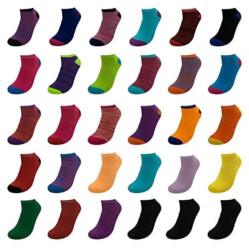 BRIGHT STAR Women's Low Cut Ankle Socks - 30-Pair | Soft & Comfortable Athletic Socks, Durable Polyester Blend, Machine Washable, Stylish Sock Pack for All Seasons (Size 9-11)