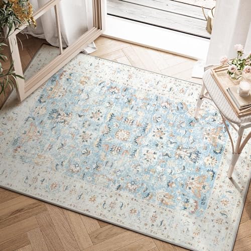 jinchan Area Rug 5x7 Washable Rug - Vintage Bedroom Rug Boho Floral Print Low Pile Thin Non-Slip Rug Retro Accent Rug Distressed Carpet for Living Room Dining Room Kitchen Office Light Blue