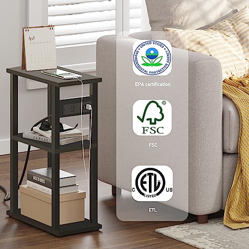 TUTOTAK Small Narrow Side Table with Charging Station, Skinny End Table for Small Spaces, Slim Nightstand with USB Ports and Outlet, Sofa Beside Table with Wheels, Black TB01BK046