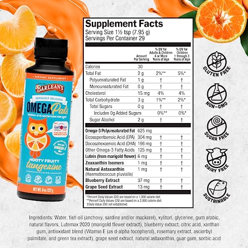 Barlean's Omega Pals Eye Health Liquid, Tangerine Flavored Omega 3 for Kids, Fish Oil Supplement with 500 mg of EPA & DHA Plus Lutein & Zeaxanthin Vitamins for Blue Light Support, 8 oz