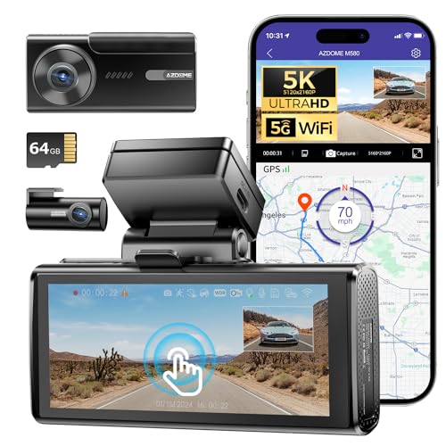 AZDOME M580 5K 5GHz WiFi Dash Cam Front and Rear, Touch Screen 4 Inch, UHD 4K+1080P Car Dash Camera with 64GB Card, Dashboard Camera Built-in GPS, WDR Night Vision, 24H 4 Modes Parking Monitor
