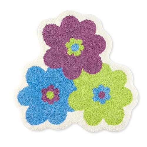 TOWN & COUNTRY PLAY Blossom Retro Daisy Flower Shaped Bath Mat, Absorbent Tufted Floor Mat, Non-Slip Backing, Machine Washable, Blue/Green/Purple, 31.5"x31.5"