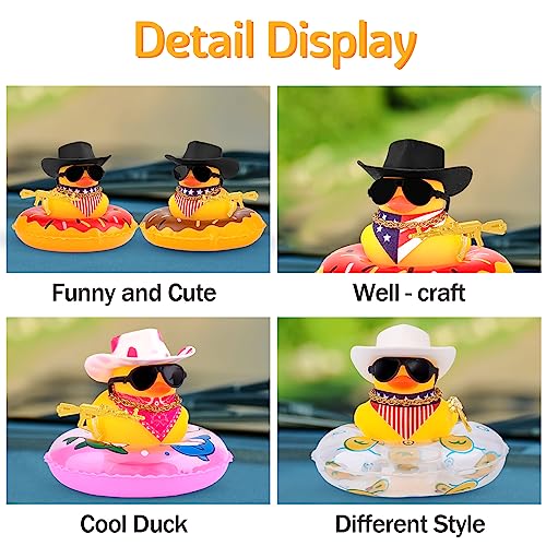 wonuu Car Rubber Duck Decoration, West Cowboy Duck Car Dashboard Decoration Accessories with Mini Swim Ring Cowboy Hat Scarf and Sunglasses, B_black hat vertical scarf red ring