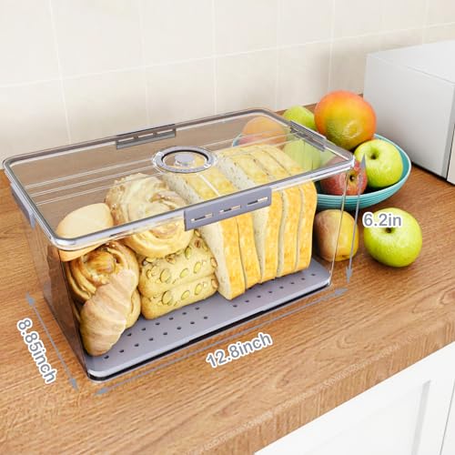 Bread Box for Kitchen Counter Airtight with Bread Bag & Tongs, Bread Storage Container with Time Recording Lid for Homemade Bread, Bread Keeper for Loaf, Toast, Bagel, Donut, Bread Saver Holder (Grey)