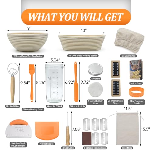 Banneton Bread Proofing Basket Set With Sourdough Bread Baking Supplies, Bread Making Kit Include 9''Round 10'' Oval & Baguette Cane Sourdough Proofing Basket With Dough Whisk Scrapers +Bread Lame…