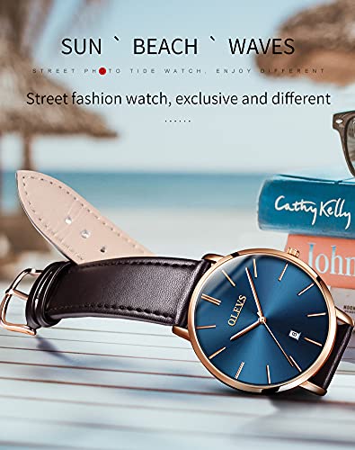 OLEVS Mens Watches Date Ultra Thin Minimalist Fashion Casual Analog Quartz Watch Slim Simple Big Face Waterproof Dress Wrist Watches with Leather Band for Men