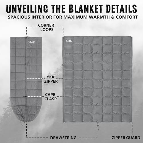 ZIPPIES 3M Thinsulate Insulation Puffy Camping Blanket for Cold Weather, Warm & Packable Camping Quilt with Zipper, Waterproof Outdoor Blanket for Hammock, Travel, Stadium, Gray