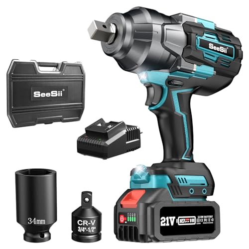 Seesii Cordless Impact Wrench, 1180Ft-lbs(1600N.m) High Torque Impact Gun 3/4", Brushless Impact Wrench w/ 5.0Ah Battery & Fast Charger, Electric Impact Wrench for Truck, Heavy-duty Project, WH1000