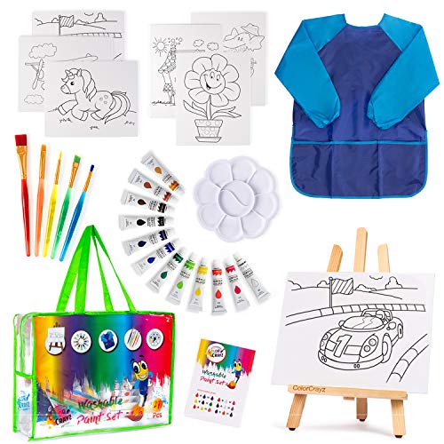 27-Piece Acrylic Paint Set for Kids - 100% Cotton Canvases, Wood Easel, Brushes, Waterproof Smock, Mixing Palette - Portable and Easy Storage