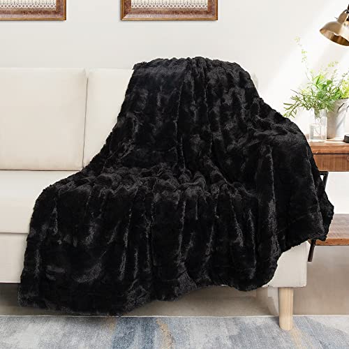 TOONOW Faux Fur Luxury Throw Blanket,Double Side Soft Fluffy Shaggy Fuzzy Blanket for Couch Sofa Bed (Black, X-Large Twin Size)