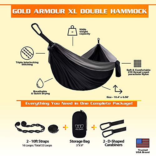Gold Armour Camping Hammock - XL Double Hammock Portable Hammock Camping Accessories Gear for Outdoor Indoor with Tree Straps, USA Based Brand (Sky Blue and Lime Green)