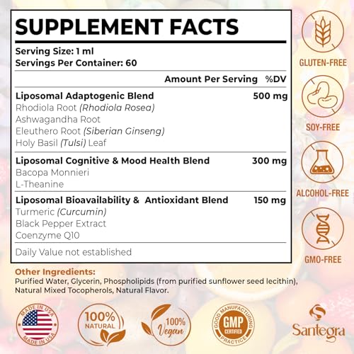 Santegra 57,000 MG Liposomal Active Rhodiola Rosea Supplement, Rhodiola Root Extract, Liquid for High Absorption, Rhodiola Rosea Root Extract Tincture for Energy, Stress, Mood, Vegan, 60 ml