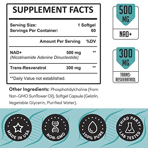 Rhamoph Liposomal NAD+ 800 mg with Trans-Resveratrol 300 mg, Max Absorption, Actual NAD+ Boosting Supplement for Healthy Aging, Cellular Energy, DNA Repair, Longevity - 60 Softgels