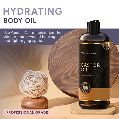 Brooklyn Botany Organic Castor Oil in Plastic Bottle for Hair Growth, Eyelashes & Eyebrows - 100% Pure and Natural Carrier Oil, Hair & Body Oil - Moisturizing Massage Oil for Aromatherapy - 8 Fl Oz