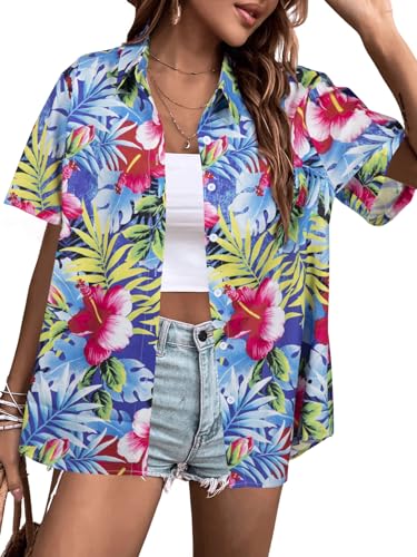 Hawaiian Shirts for Women Tropical Floral Printed Hawaii Shirts Button Down V Neck Short Sleeve Blouses Tops Blue