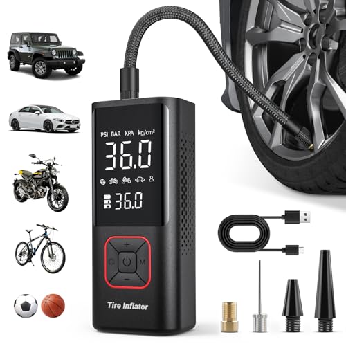 Powools Cordless Tire Inflator Portable Air Compressor - 150PSI Air Pump for Car Tires, Inflatables, Compact Bike Pump, Multipurpose Tire Pump for Car, Red, Large