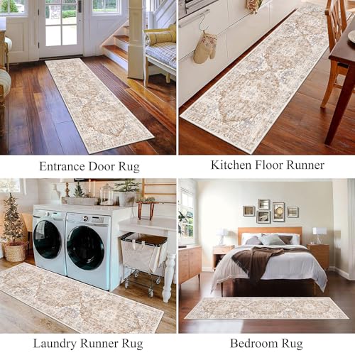 U'Artlines 2' x 6' Boho Hallway Runner Rug, Non Slip Washable Vintage Farmhouse Accent Area Rug Carpet for Kitchen Entryway Laundry and Living Room (Beige Khaki)