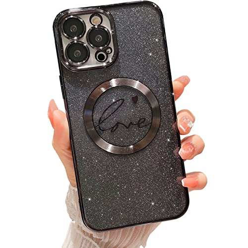 MGQILING Compatible with iPhone 14 Pro Max Magnetic Glitter Case-6.7 Inch, Luxury Love Heart Pattern Plating Clear Case, Compatible with MagSafe for Women Girls Shockproof Back Cover-Black