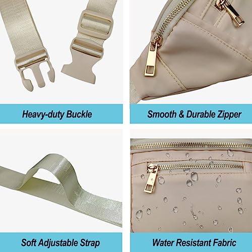 Fashionable Fanny Pack Crossbody for Women,Waist Bag Pack,Belt Bag for Travel Walking Running Hiking Cycling,Easy Carry Any Phone,Wallet (Beige,Gold zipper)