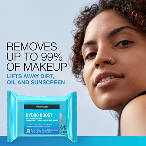 Neutrogena Hydro Boost Facial Cleansing Towelettes + Hyaluronic Acid, Hydrating Makeup Remover Face Wipes Remove Dirt & Waterproof Makeup, Hypoallergenic, 100% Plant-Based Cloth, 2 x 25 ct