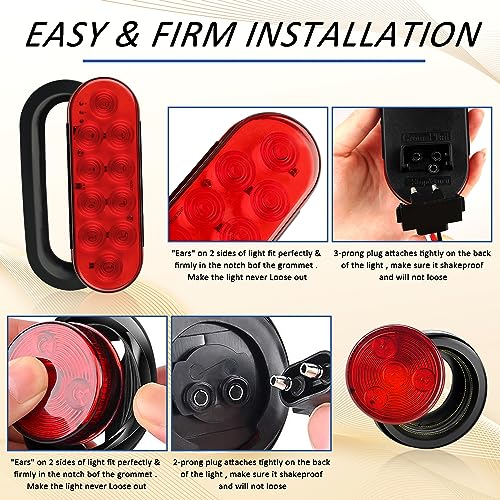 AveneMark 2 PCS LED Trailer Light Boxes in Steel Housing Kit with 6”Oval Red Trailer Tail Lights and 2'' Round Red Side Marker Lights with Grommet Plugs w/Wire Connectors 2PCS