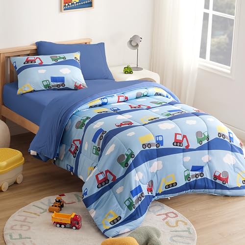 SLEEP ZONE Kids Twin Comforter Set, Cozy Jersey Knit Bedding Set, Warm and Easy Maintain for All Seasons, 100% Microfiber Bedding Set for Boys, 1 Comforter, 1 Pillowcase (Bulldozers, Twin)