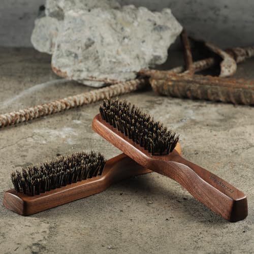 Mens Wild Boar Bristle Hair Brush for Men - Slick Back Hair Brush - Stiff Bristles for Thick Hair, Natural Black Walnut Wooden Handle Hairbrush, Beard Mustache Brush Comb by GAINWELL, Gift for Men