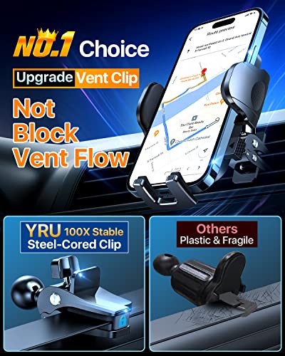 [2024 Upgrade 80LBS Strong Suction]YRU Car Phone Holder Mount,[Bumpy Road Stable]Dashboard Cell Phone Holder for Car Air Vent Windshield Phone Stand for iPhone 15 14 13 12 Pro Max Samsung Truck, Black