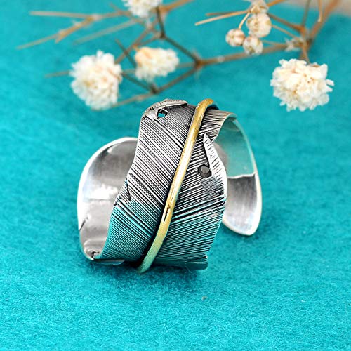 Boho-Magic 925 Sterling Silver and Brass Leaf Adjustable Ring for Women, Cool Plain Simple Open Wrap Feather Ring Size 7-10