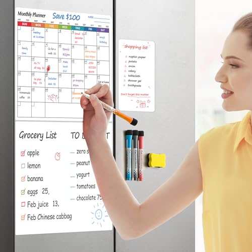 3 Pack Dry Erase Magnetic Calendar Whiteboard for Refrigerator - Monthly Calendar +Large Blank White Board + Small Blank Daily Planner Board - Magnet Family Planning Schedule Board for Fridge, 14"x11"