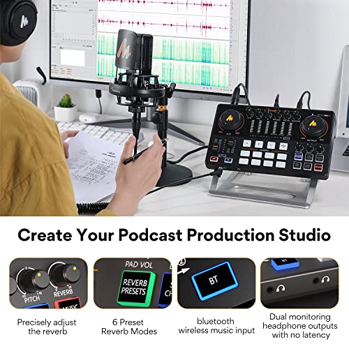 MAONO Audio Interface, MaonoCaster 10-Channel Podcast mixer with Pro-preamp, 48V Phantom Power, Bluetooth, 11 Customize sound pads for Recording, Streaming, Youtube, TikTok, PC, Guitar (AME2)