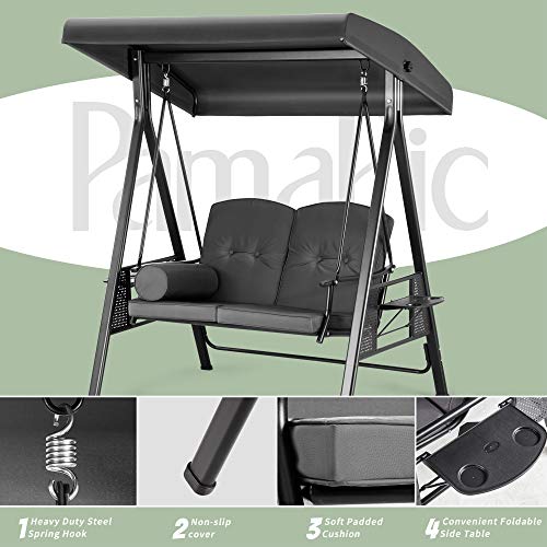 Pamapic Outdoor Patio Swing Chair with Weather Resistant Steel Frame, Adjustable Canopy，Removable Cushion and Pillow for Backyard, Garden, Porch，Poolside, Balcony-2-Seat (Gray)