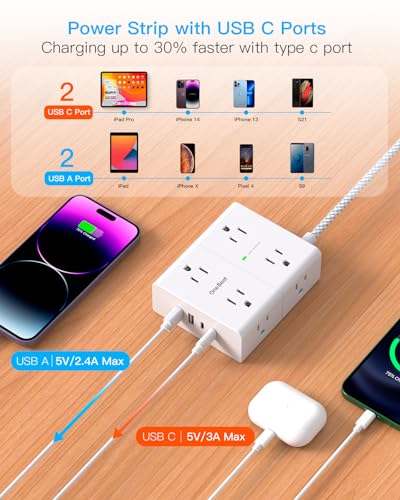 Surge Protector Power Strip 6 Ft Cord, Flat Extension Cord with 8 Outlets 4 USB Ports(2 USB C), 1080 J, Wall Plug Outlet Extender, Flat Plug Power Strip for Home Office Dorm Room Essentials