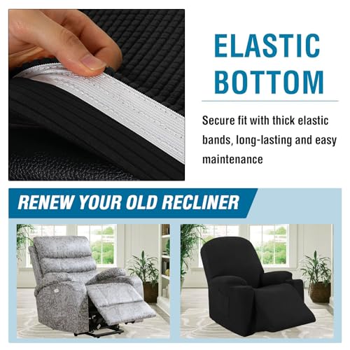 H.VERSAILTEX Stretch Couch Cover Recliner Cover Electric Power Lift Recliner Chair Cover Fitted Standard Large Power Lift Recliner with Side Pocket, Soft Thick Jacquard(Single Seat, Natural)