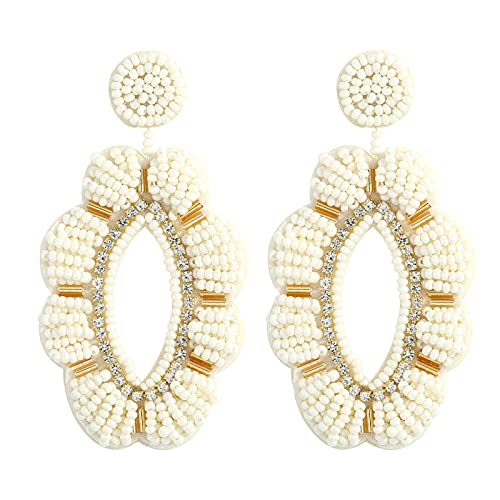Fashion Cute DIY Handmade Beaded Statement Dangle Earrings for Women, Funny Elements for Multicolored Flower, Lightweight Heart, Water droplets and Green Leaf(Flower (Cream))