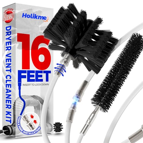 Holikme 16 Feet Dryer Vent Cleaner Kit, Upgrade Flexible Lint Brush with Drill Attachment, Extends Up to 16 Feet for Easy Cleaning,Use with or Without a Power Drill
