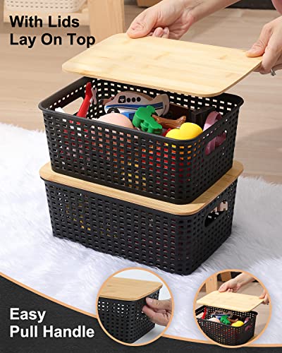 NEATJELAI Storage Bins With Lids 6 Packs Plastic Storage Containers With Bamboo Lids Stackable Storage Baskets for Organizing Desktop Closet Playroom Classroom Office, Black