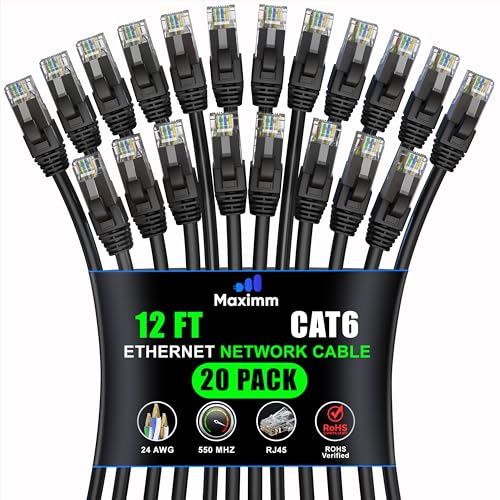 Maximm Cat 6 Ethernet Cable 40 ft (20-Pack) - High-Speed LAN Cable, Internet Cable, Patch Cable, and Network Cable - UTP, 10Gbps, 550MHz Ethernet Cord - White