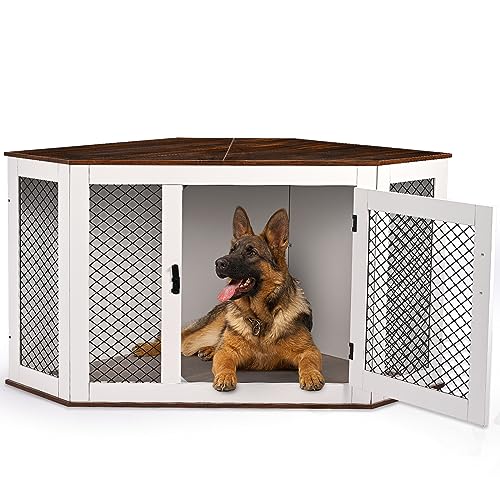 BOEASTER Corner Dog Crate Furniture, Wooden Dog Kennel End Table with Door Furniture Style Dog House Pet Crate Indoor Use for Small Medium Dogs