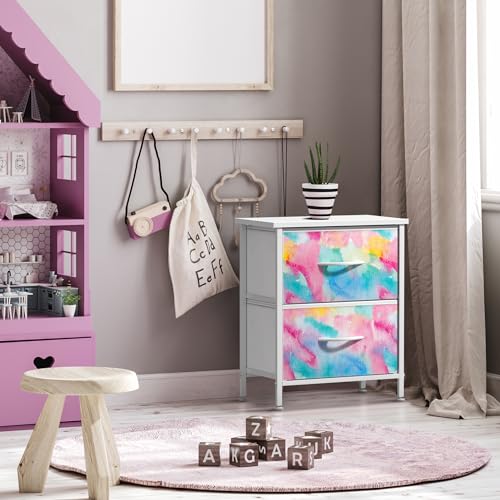 Sorbus Kids Dresser with 2 Drawers - Storage Chest Organizer Nightstand - Steel Frame, Wood Top, Tie-Dye Fabric Bins for Clothes - Wide Furniture for Bedroom, Hallway, Nursery, Closet, & Apartment