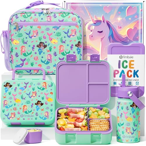 Fimibuke Bento Lunch Box for Kids - Toddler Bento Snack box with 3 Compartments, Stainless Steel Insulated Water Bottle, Lunch Bag, Ice Pack Set, Back to School Birthday Gifts for Ages 3-12 Girls Boys