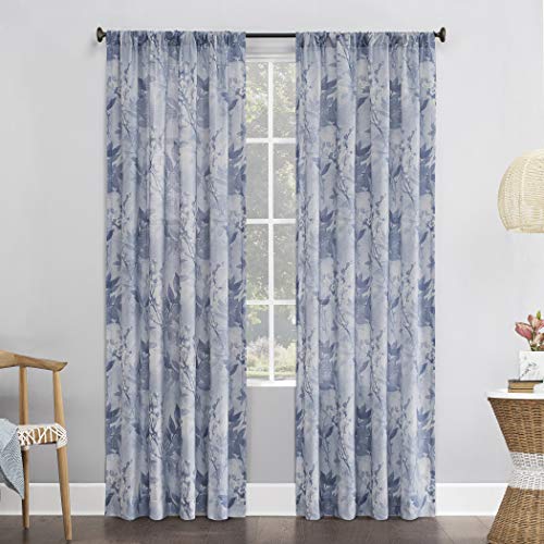 No. 918 Hilary Watercolor Floral Linen Blend Semi-Sheer Rod Pocket Curtain Panel, 54" x 63", Blue