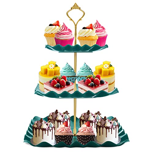 DAFURIET Dessert Cupcake Stand, 3 Tier Cup Cake Holder Tower for Tea Party/Birthday/Weeding, Plastic Tiered Serving Tray with Metal Rod (Green)