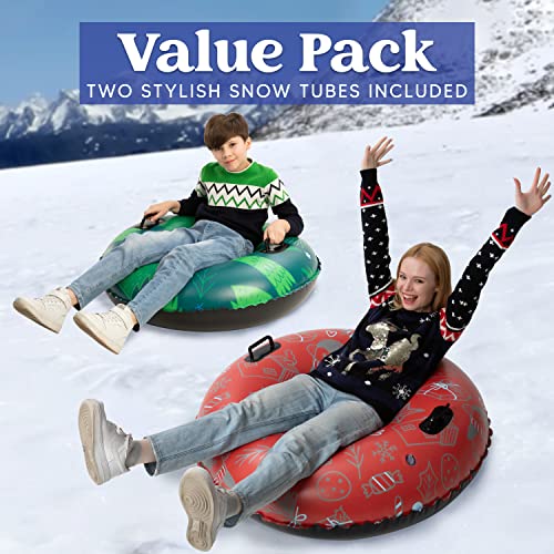 JOYIN Inflatable Snow Tubes 47" & 37"(2 Packs) for Kids and Adults,Heavy-Duty Snow Tube for Sledding, Great Inflatable Snow Sled for Winter Fun and Family Activities（Tree）