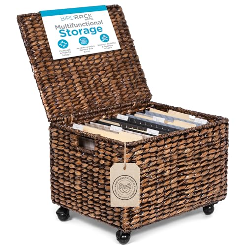 BIRDROCK HOME Rolling File Cabinet with Lid | Small Wooden Under Desk Organizer | Seagrass Basket with Wheels | Portable Home Office Filing System - Mini Decorative Box, Single Drawer, Brown Wash