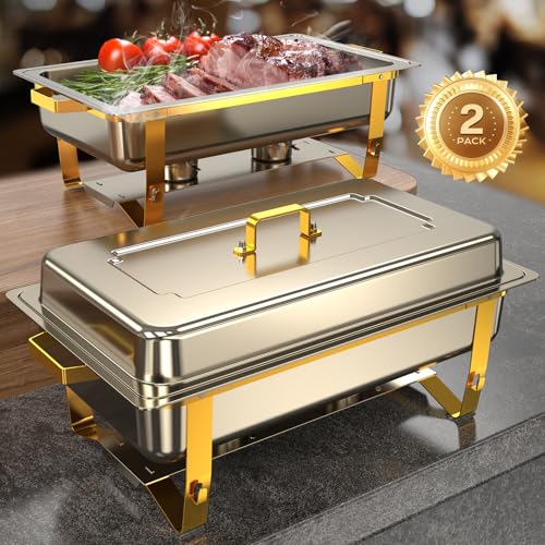 Chafing Dishes for Buffet 2 Pack, 8QT [Elegant & Sturdy] Chafing Dish Buffet Set, Stainless Steel Chafers and Buffet Warmers Sets, [High Grade Gold & Silver Colors] Food Warmers for Parties,Wedding